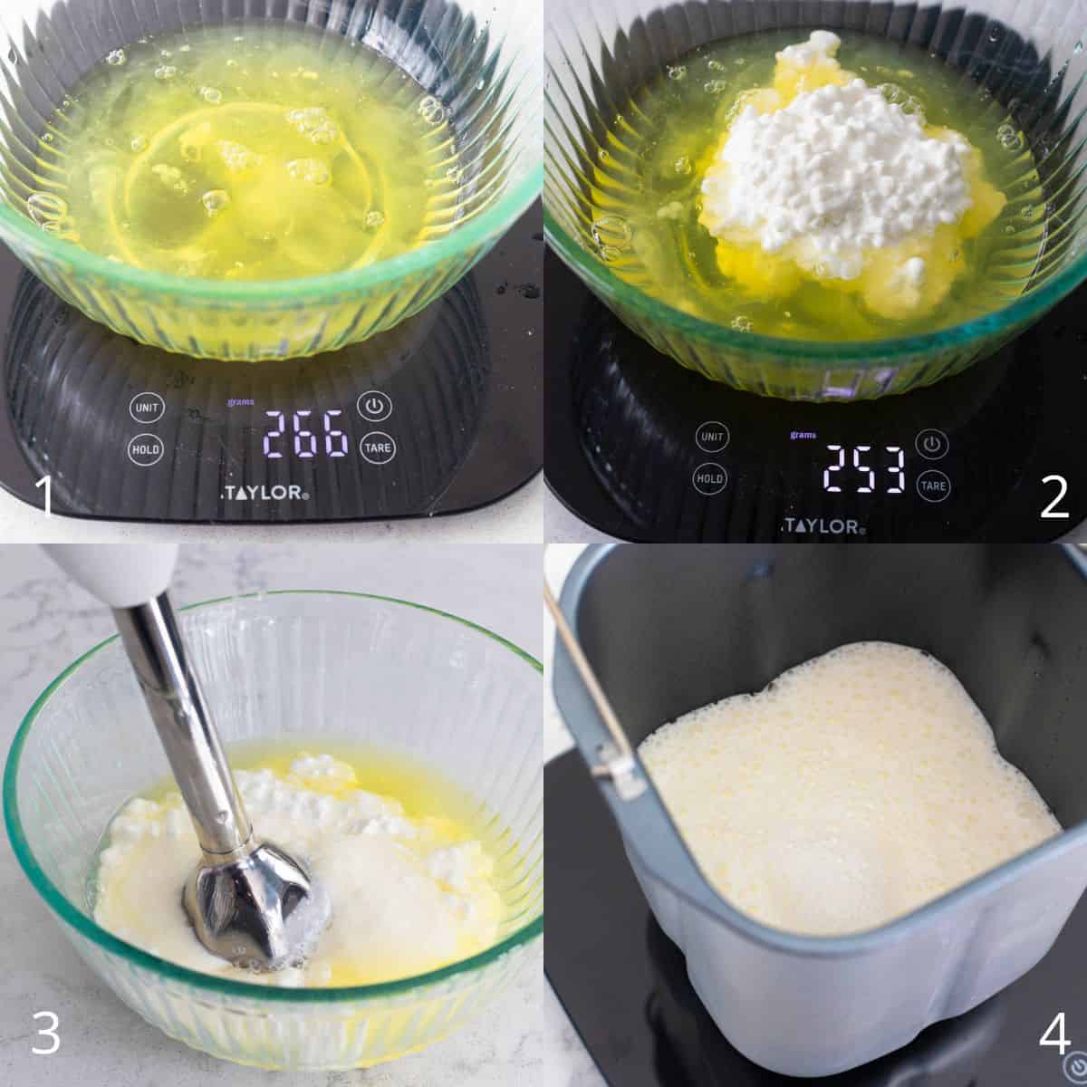 The step-by-step photo collage shows cottage cheese and eggs being weighed, blended until smooth, and added to a bread machine to begin making cottage cheese bread.