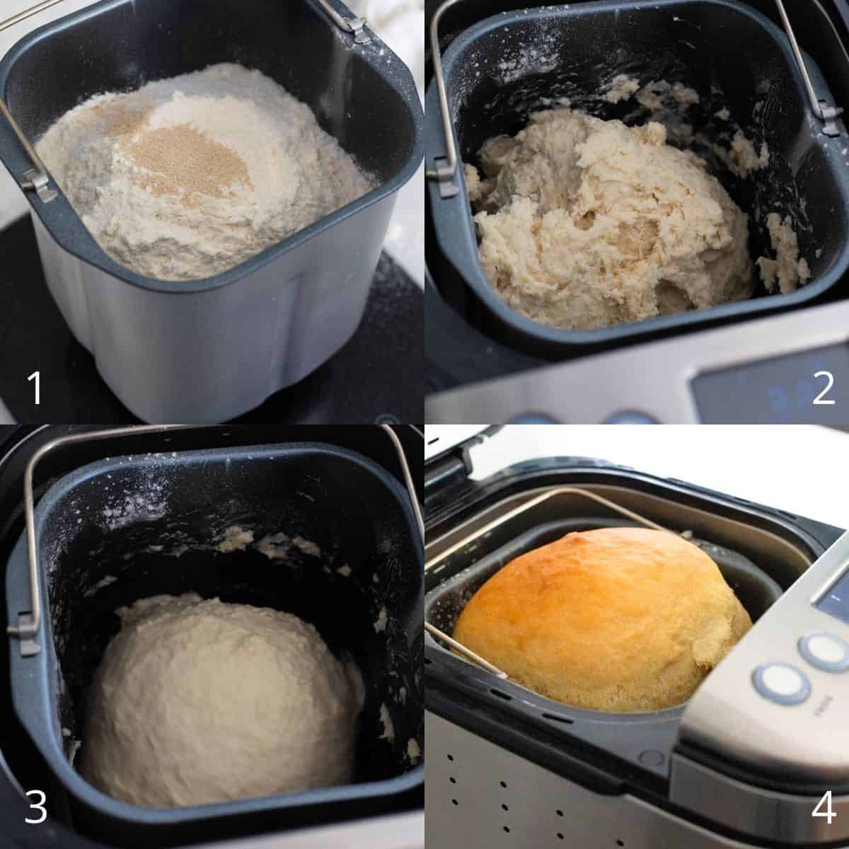The step-by-step photo collage shows flour and yeast added to the bread machine, the dough mixing, rising, and then the finished golden loaf baked inside the machine.
