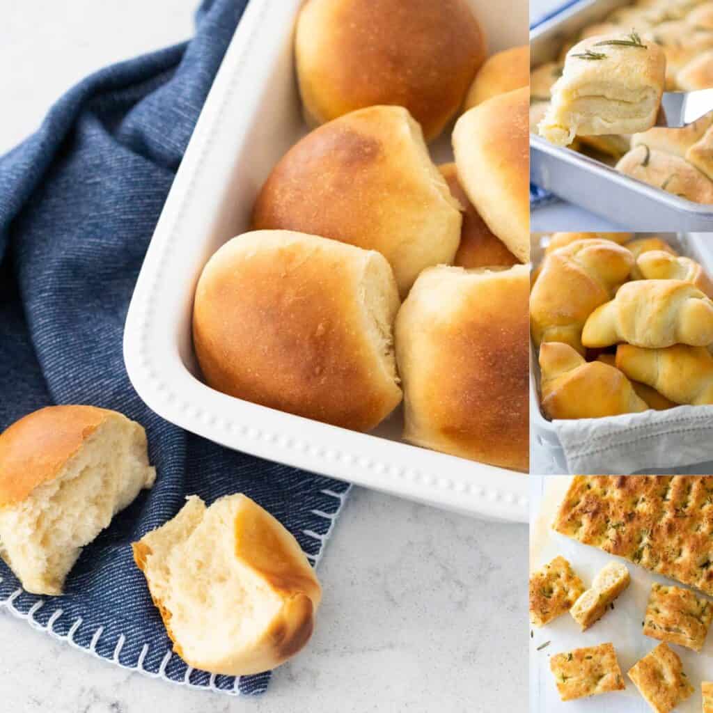 The photo collage shows 4 easy dinner roll recipes that can be made with a bread maker.