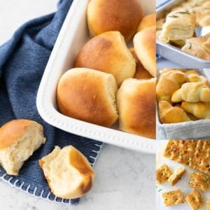 The photo collage shows 4 easy dinner roll recipes that can be made with a bread maker.