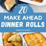 The photo collage shows 4 easy dinner roll recipes that can be made with a bread maker.