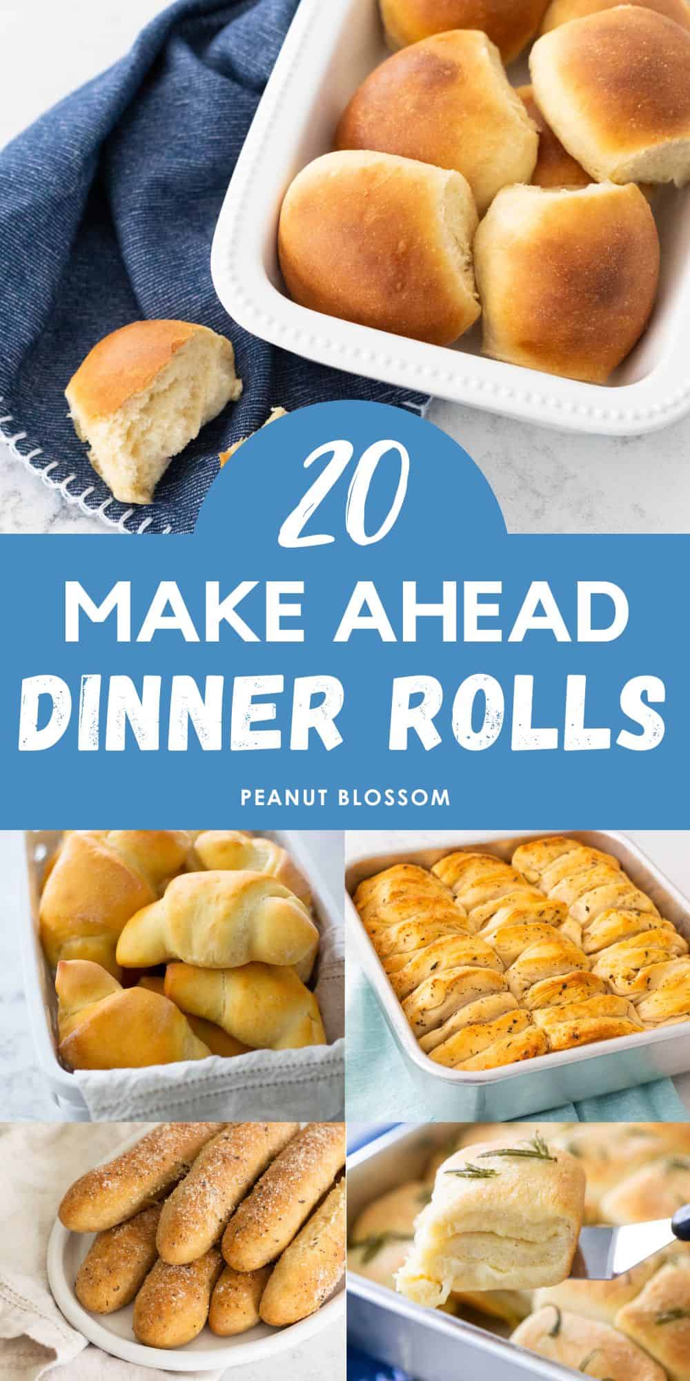 The photo collage shows 4 easy dinner roll recipes that can be made with a bread maker.