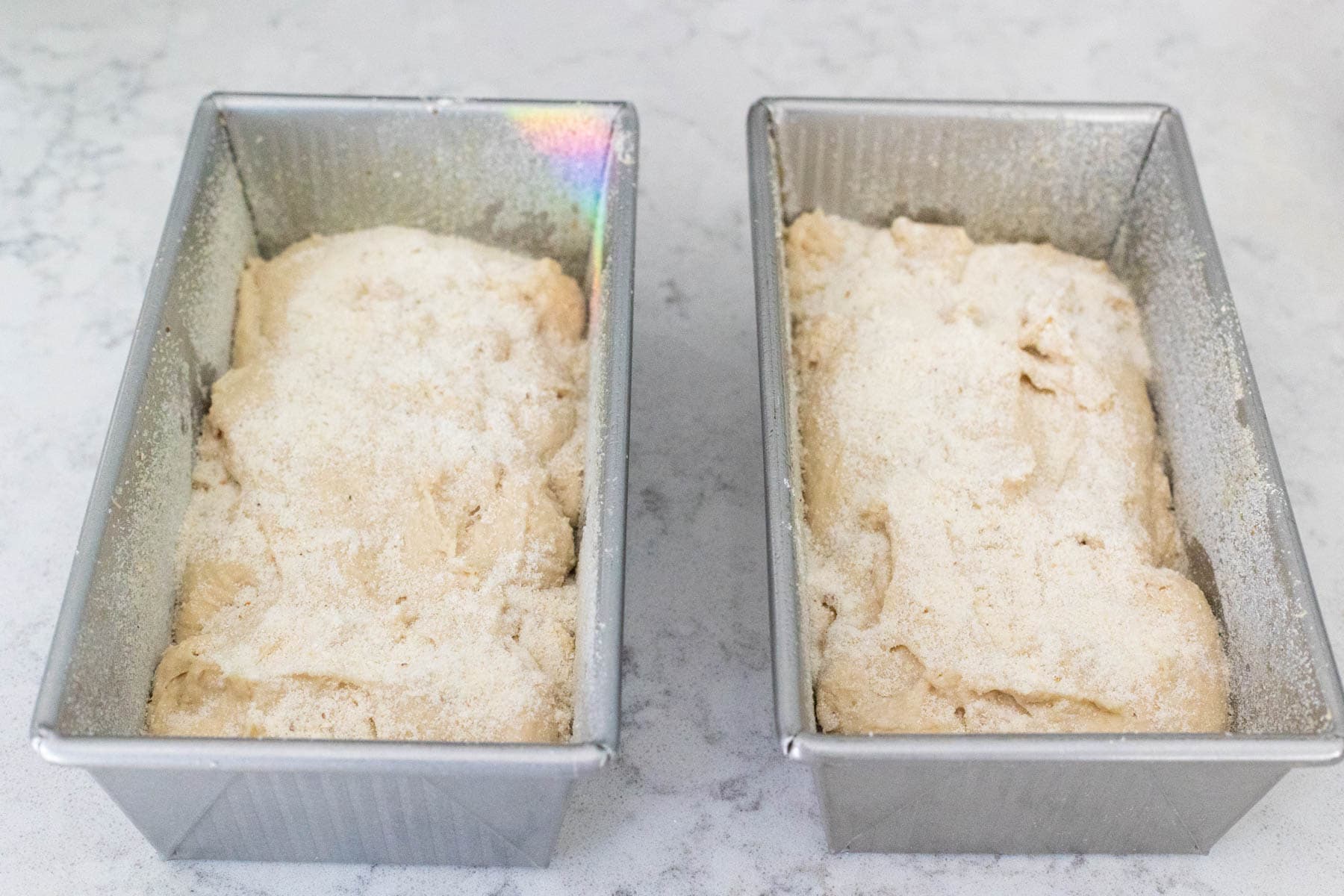 Two loaf pans filled with English muffin bread dough sprinkled with cornmeal before rising.