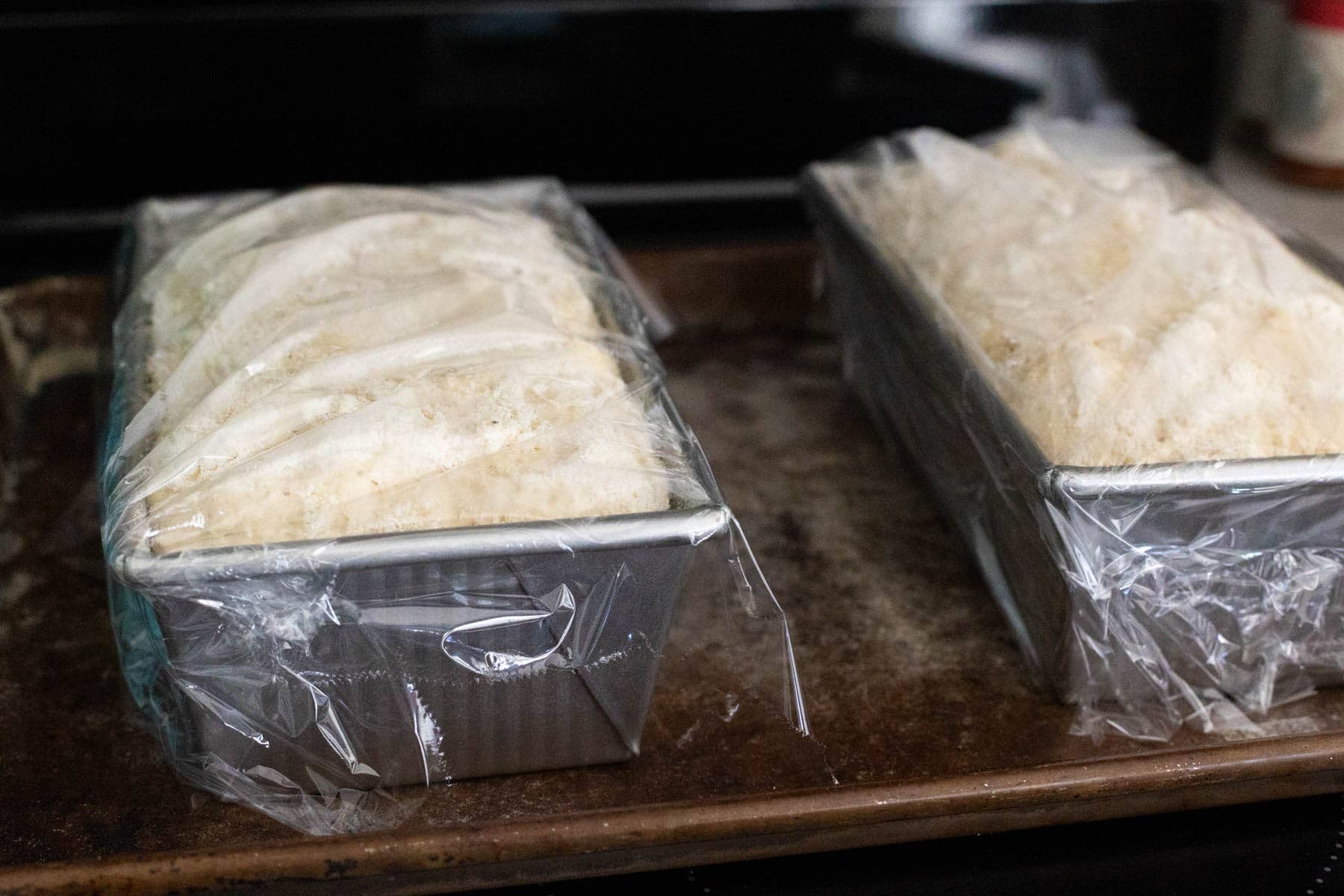 The step by step photo shows two loaf pans covered with plastic wrap as the English muffin bread dough rises before baking.