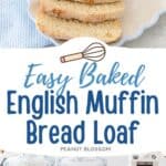 The photo collage shows the baked English Muffin Bread next to a photo of the ingredients needed to make it.