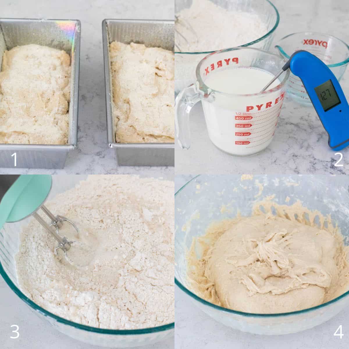 The step by step photo collage shows how to make English muffin bread, starting with warming the milk, mixing it into the dry ingredients, blending into a sticky dough, and dividing the dough into loaf pans before baking.