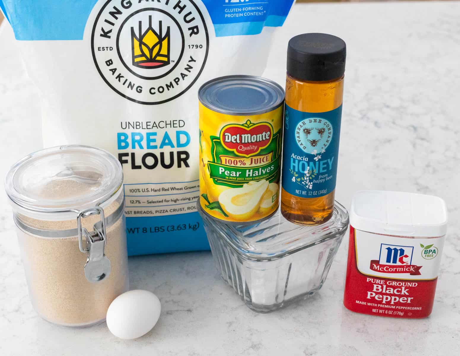 The ingredients to make French Pear Bread are on the kitchen counter.