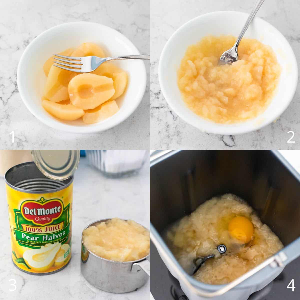 The step by step photo collage shows how to make the pear mixture for French pear bread by mashing canned pear halves, measuring the mashed pears, and adding them with an egg to the bread machine.