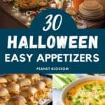 A photo collage shows a Halloween party table filled with easy appetizers next to individual photos of some of the recipes.