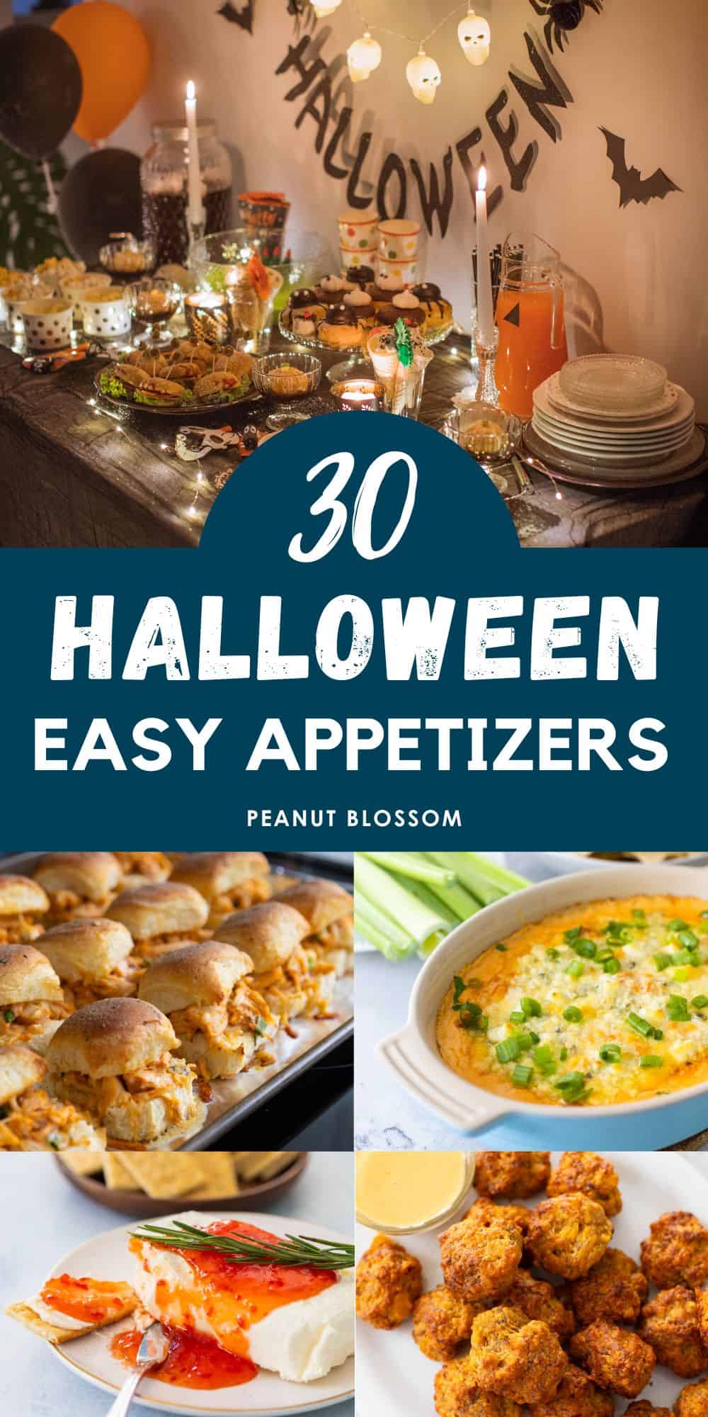 A photo collage shows a Halloween party table filled with easy appetizers next to individual photos of some of the recipes.