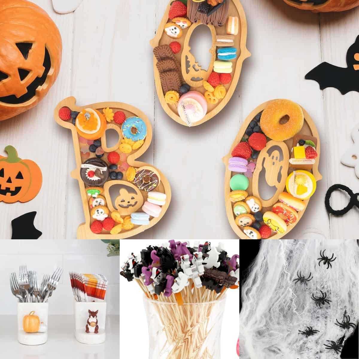 The photo collage shows several pieces of serving wear that will make the recipes perfect for a Halloween party.