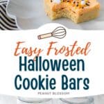 A grey platter has several square Halloween cookie bars with orange frosting and spooky sprinkles.