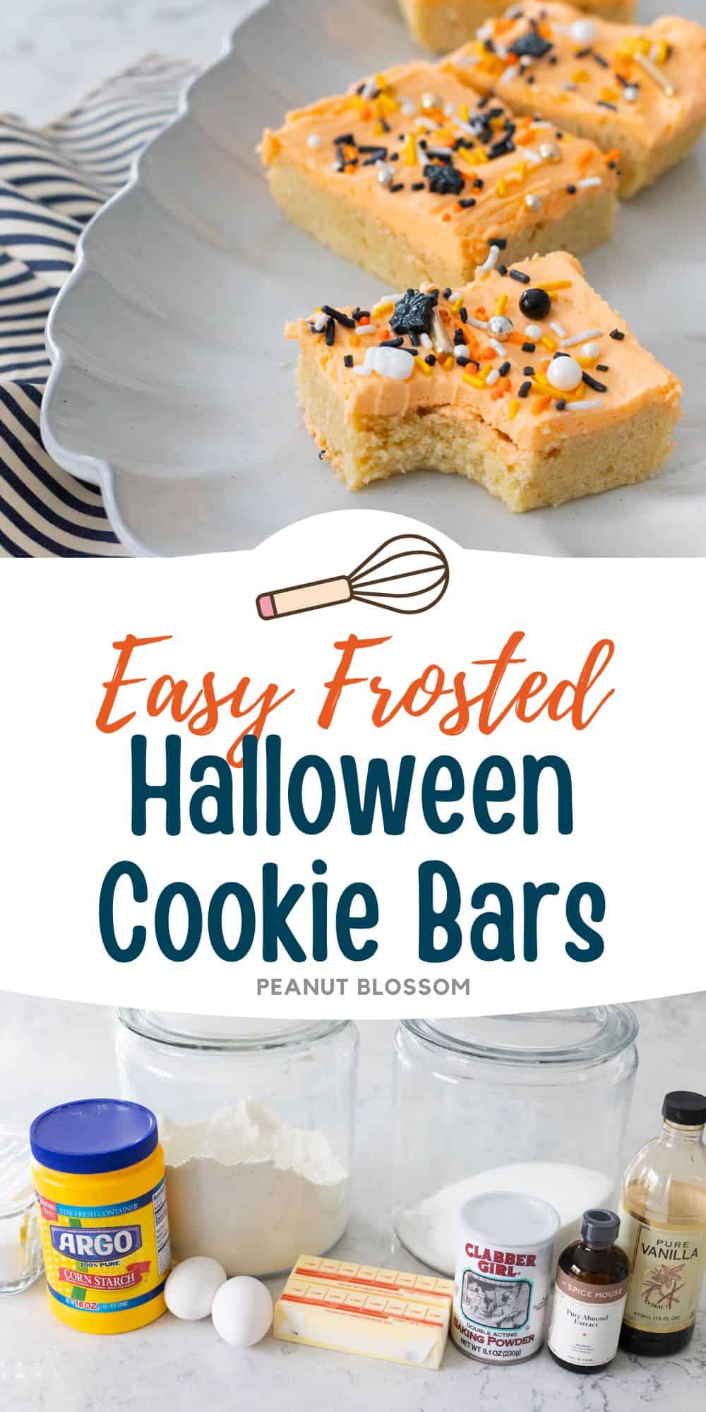 A grey platter has several square Halloween cookie bars with orange frosting and spooky sprinkles.