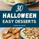 A photo collage of easy Halloween desserts features cupcakes, a cookie pizza, and chocolate frogs.