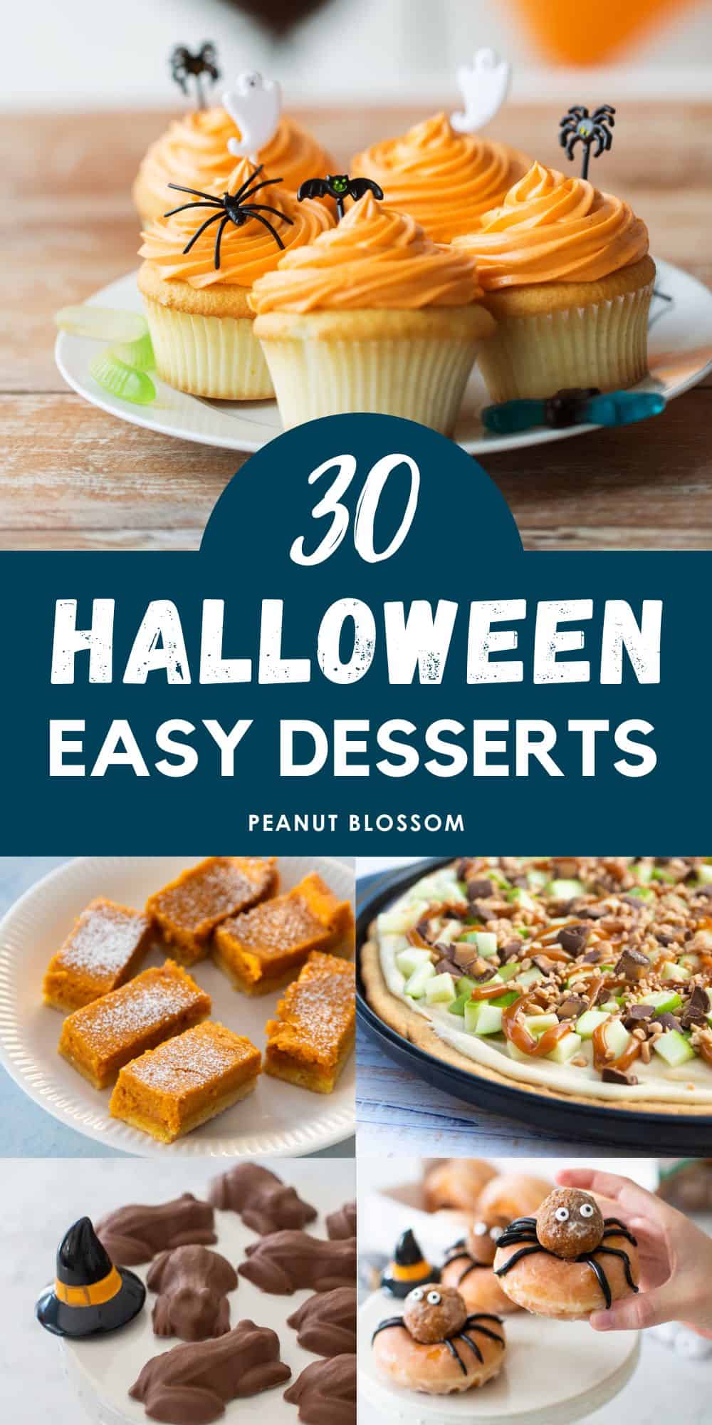 A photo collage of easy Halloween desserts features cupcakes, a cookie pizza, and chocolate frogs.