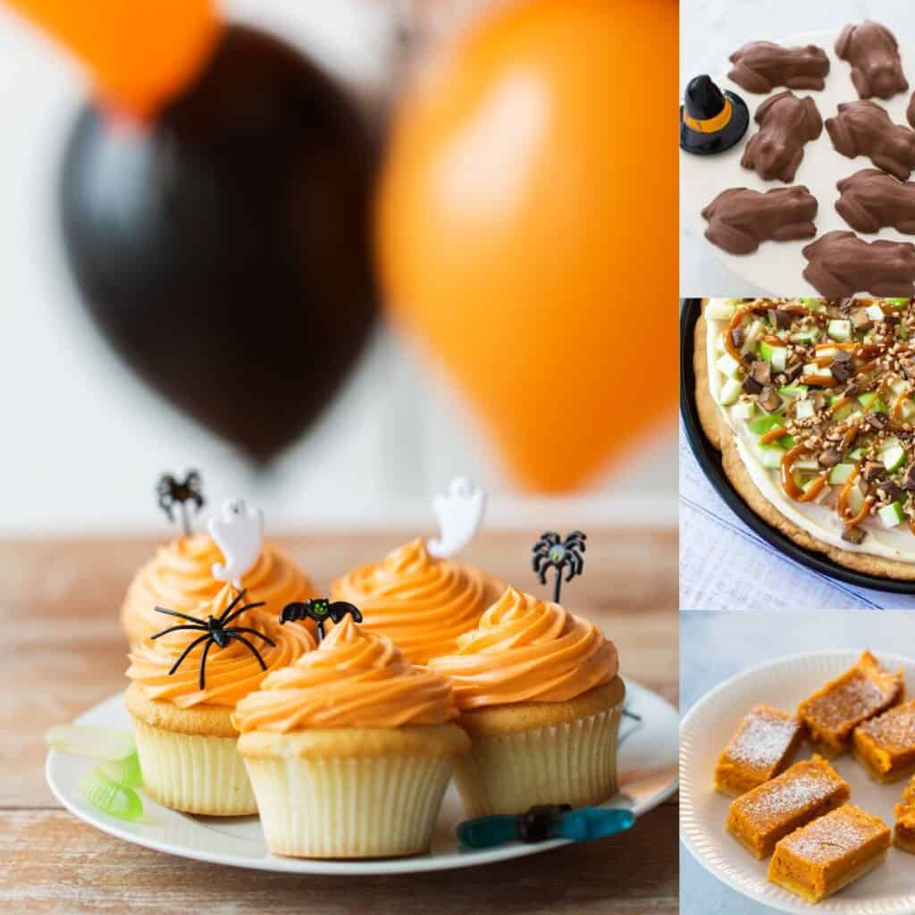 A photo collage of easy Halloween desserts features cupcakes, a cookie pizza, and chocolate frogs.