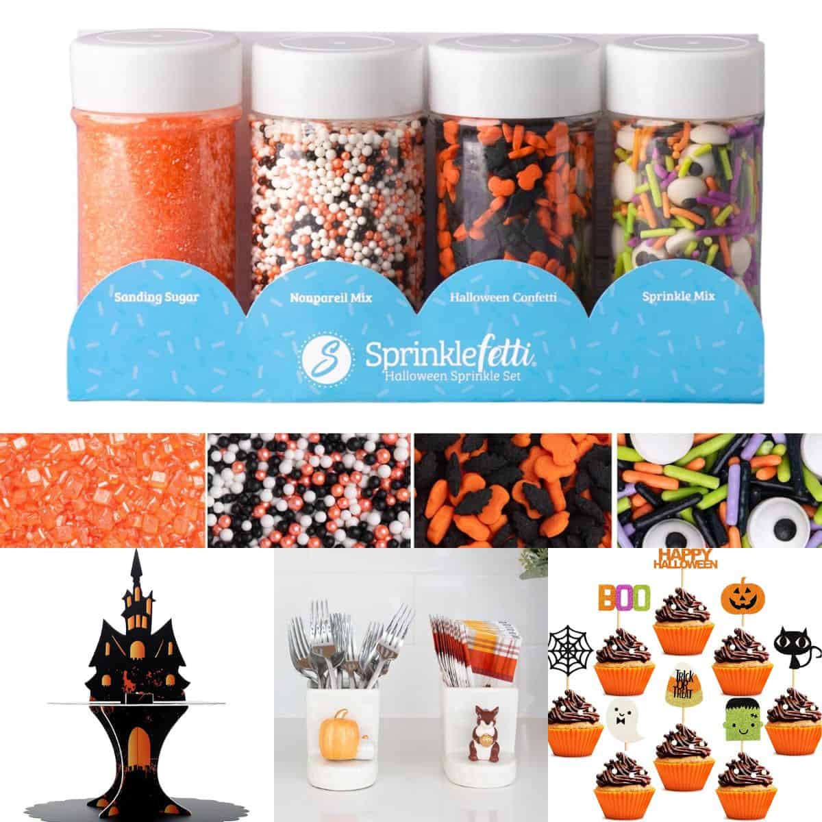 The photo collage shows Halloween sprinkles and other accents for desserts.