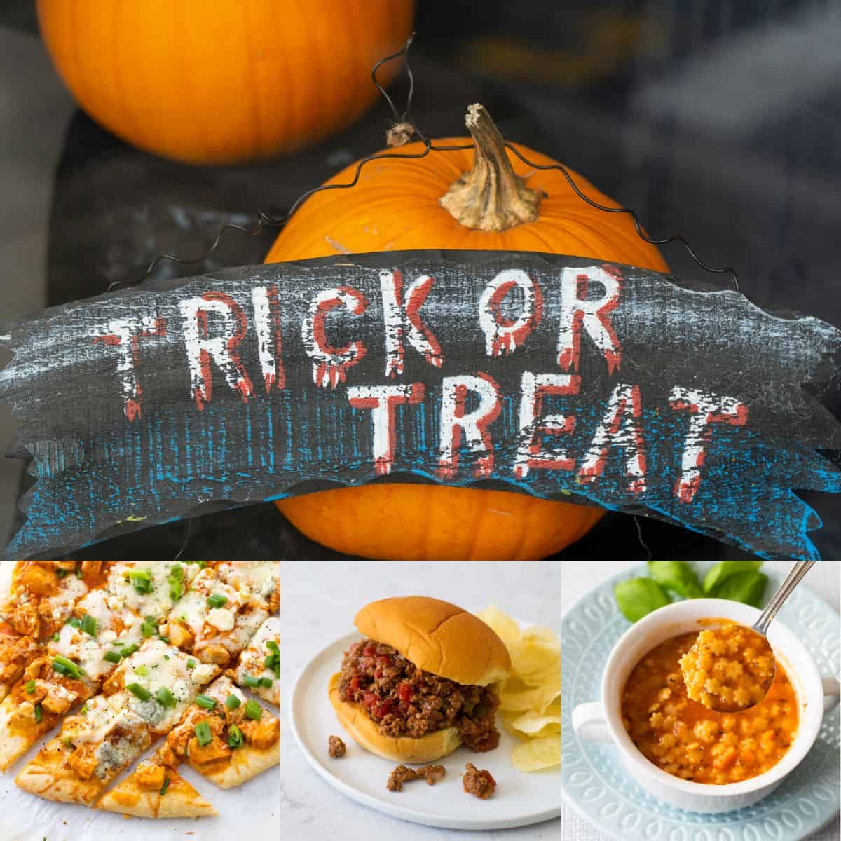 The photo collage shows a Trick or Treat sign next to photos of easy dinners to serve on Halloween.