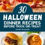 The photo collage shows trick-or-treat pumpkins filled with candy next to several recipe photos for dinners to serve on Halloween.