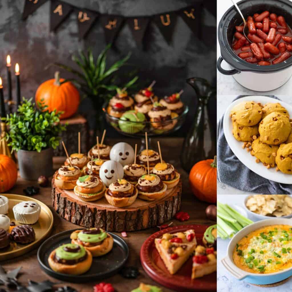The photo collage shows several recipes for a Halloween potluck party.