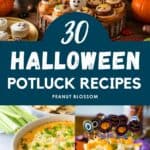 The photo collage shows several recipes for a Halloween potluck party.