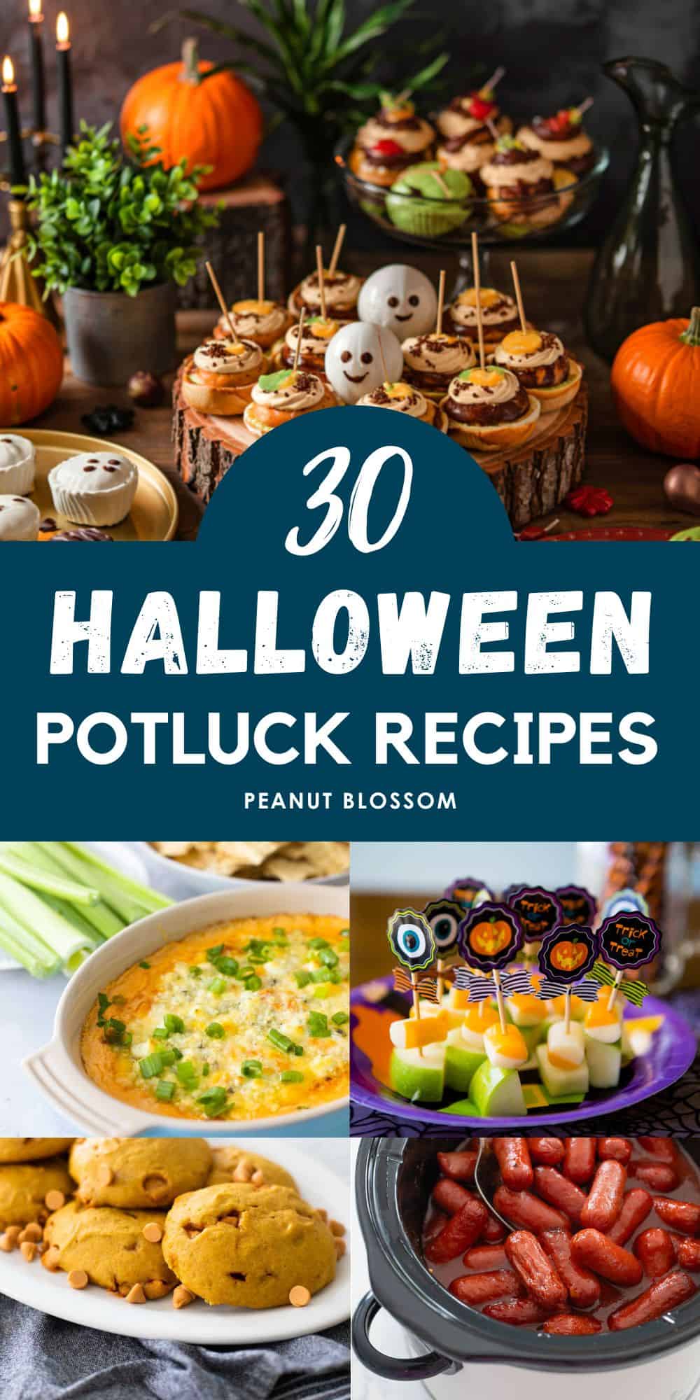 The photo collage shows several recipes for a Halloween potluck party.