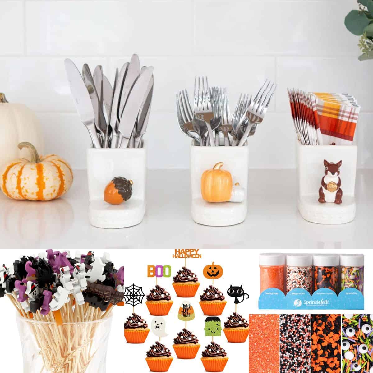 The photo collage shows different fun Halloween party accents to use on platters or to decorate food.