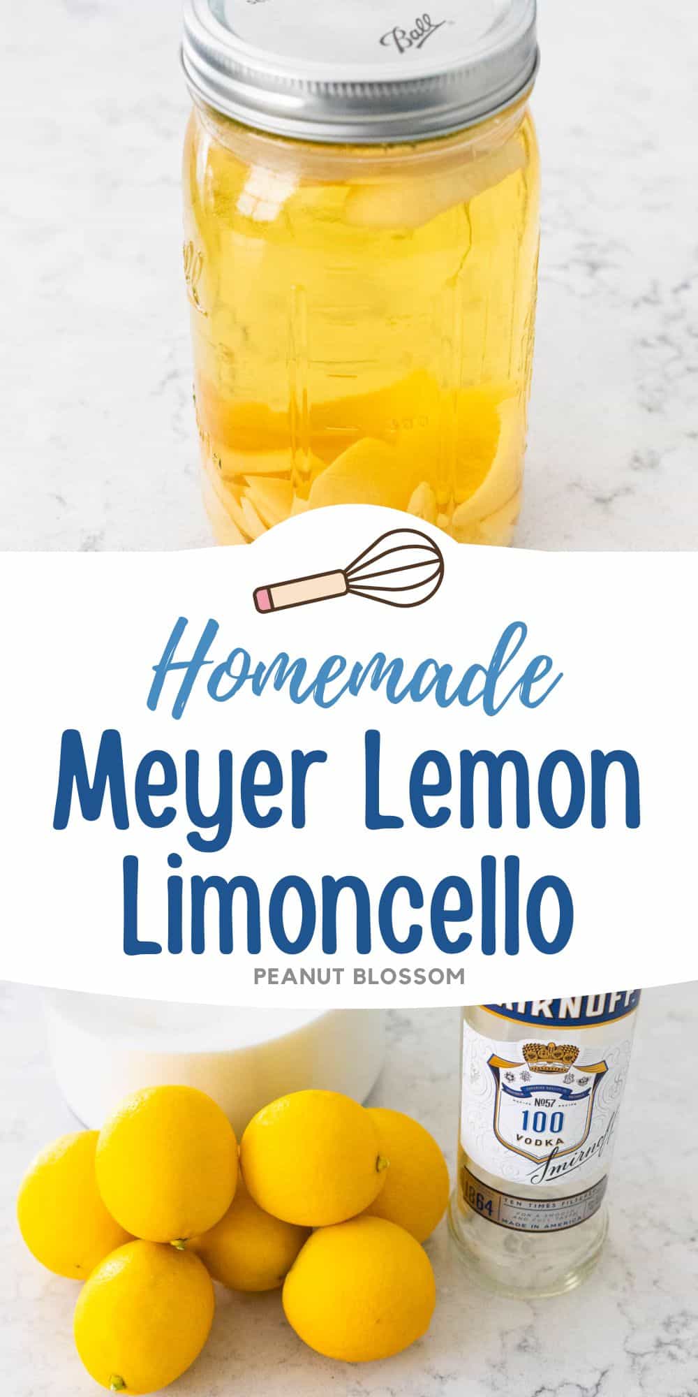 The photo collage shows the Meyer Lemon Limoncello next to a photo of the ingredients needed to make it.