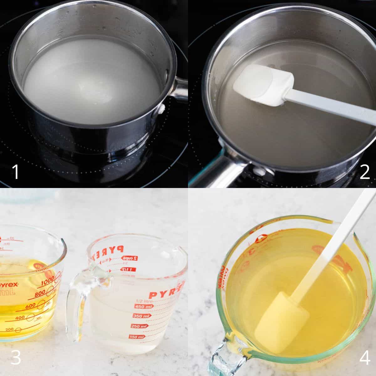 La photo étape par étape montre le sucre et l'eau mijotant dans une casserole pour former un sirop simple, puis le sirop refroidi étant mesuré et mélangé avec l'alcool infusé au citron pour compléter le limoncello.
