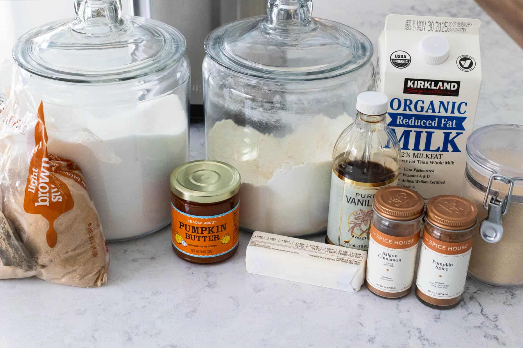 The ingredients to make the pumpkin rolls are on the counter.