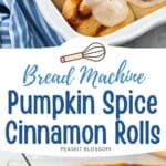 A baking pan filled with pumpkin spice cinnamon rolls with browned butter icing.