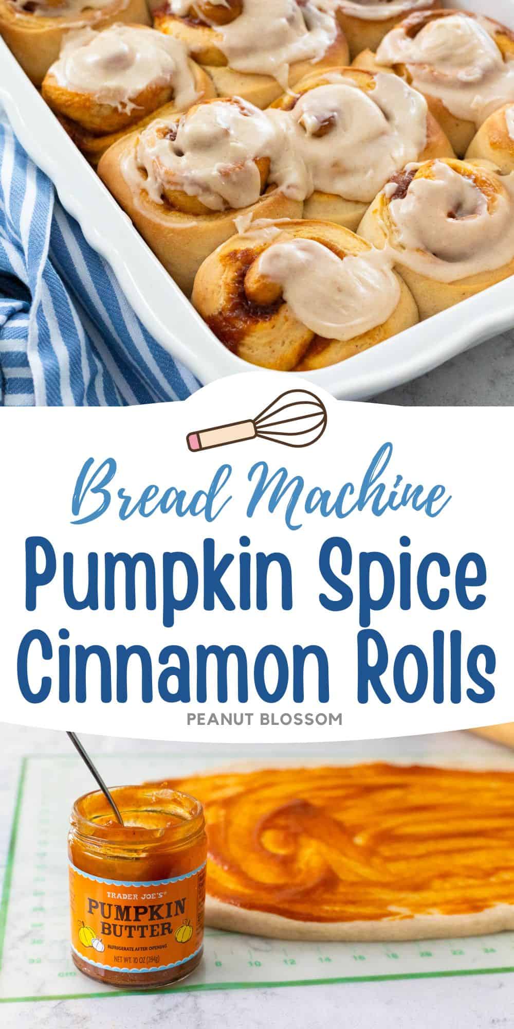 A baking pan filled with pumpkin spice cinnamon rolls with browned butter icing.