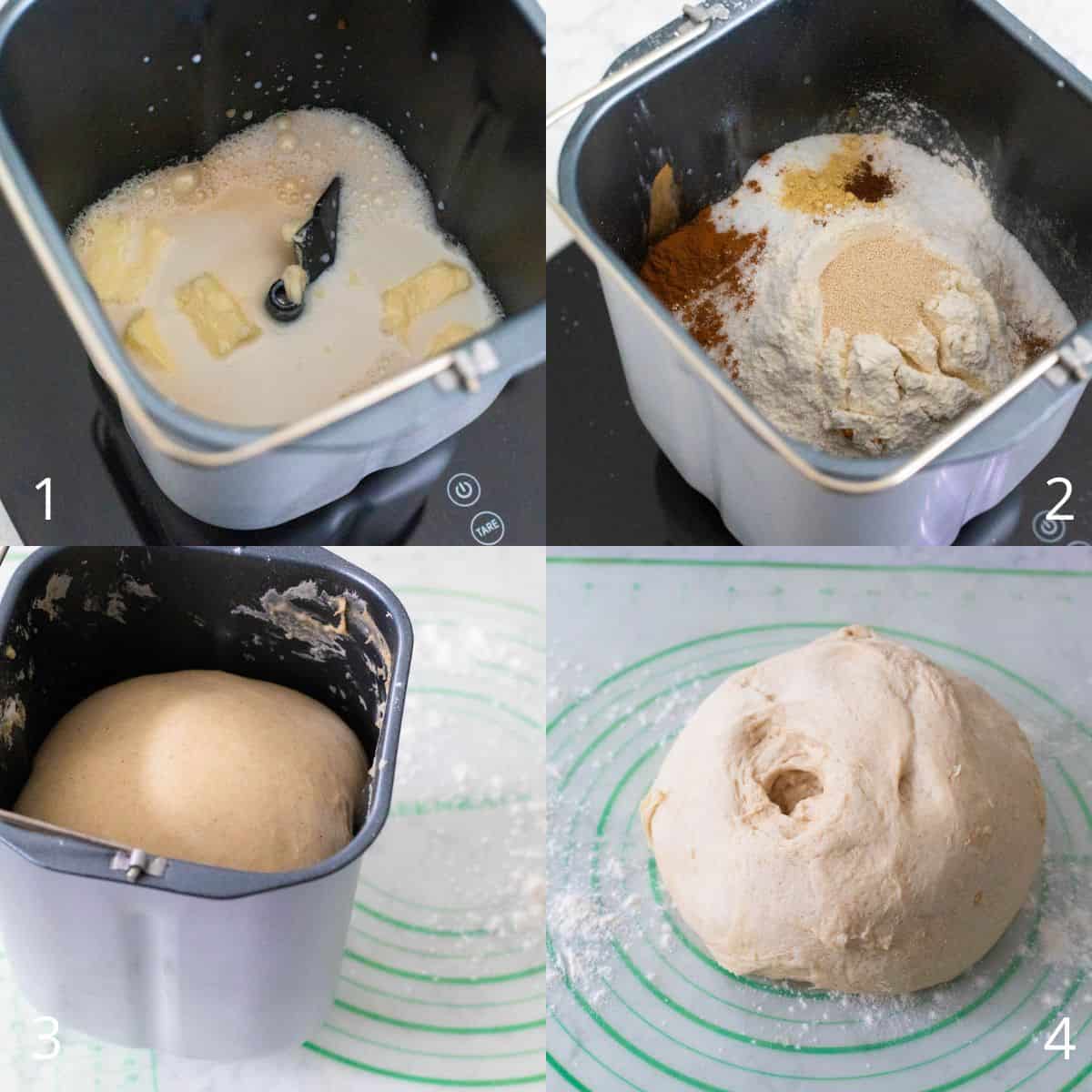 The cinnamon spice dough is prepped in the pan of a bread maker.
