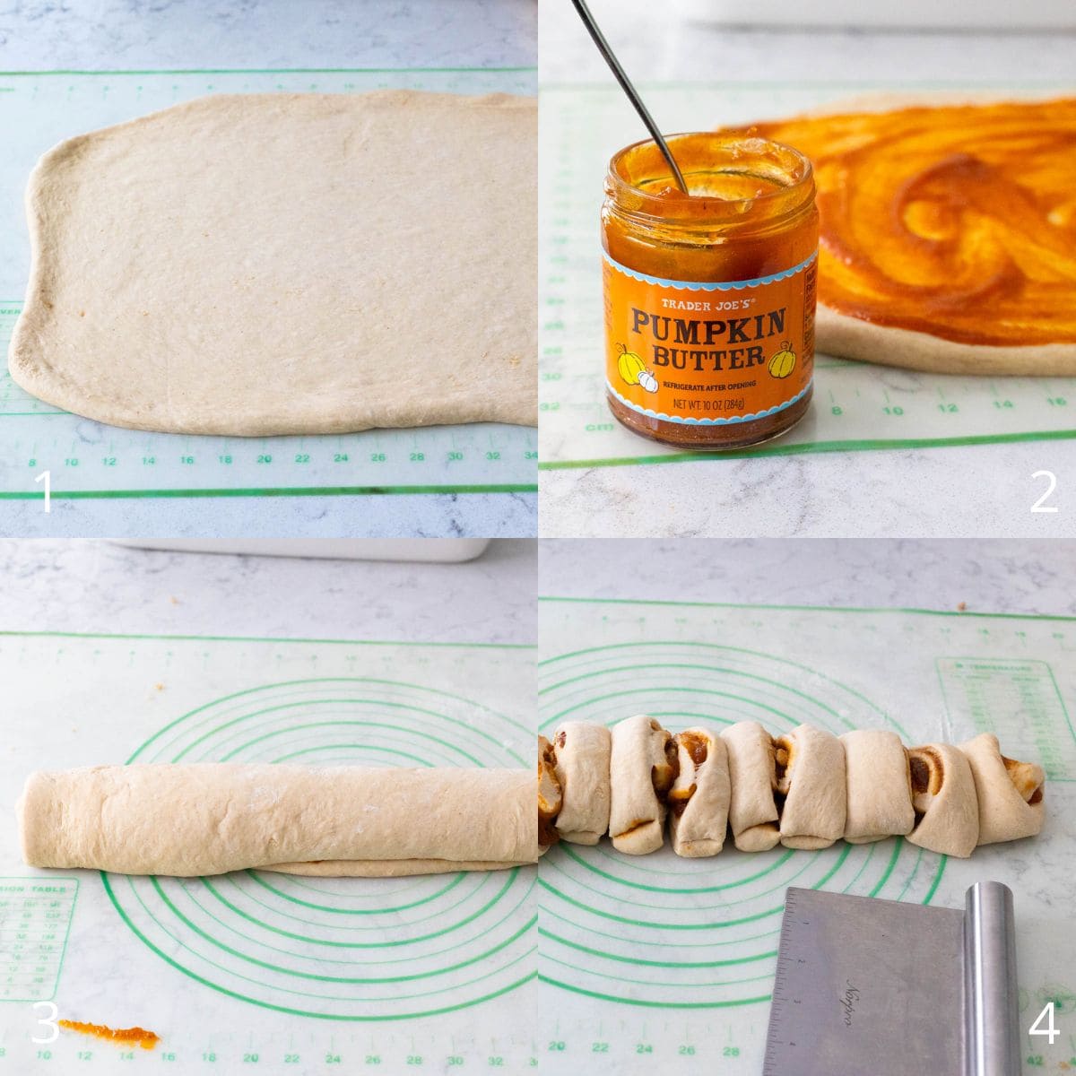 The step by step photo collage shows how to assemble the cinnamon rolls.