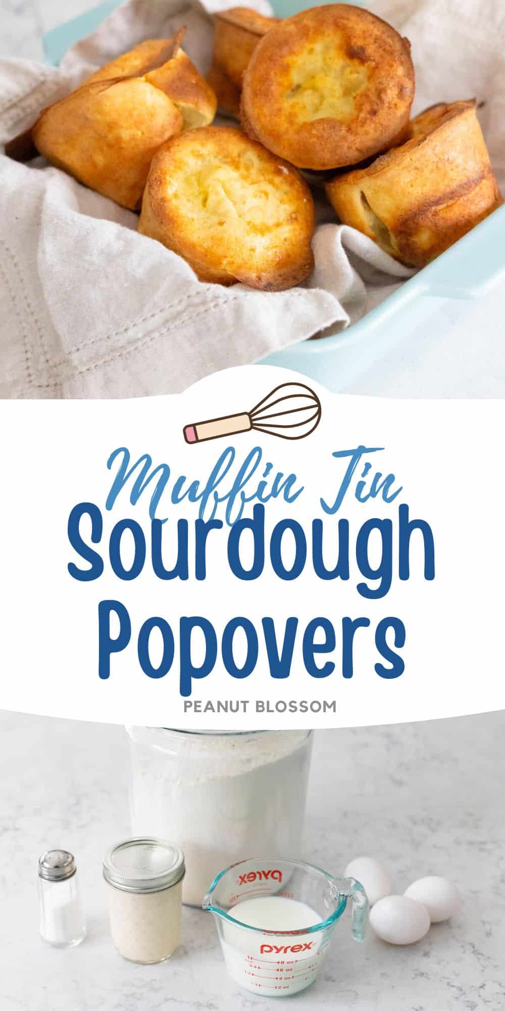 The photo collage shows the popovers in a bread basket next to a photo of the ingredients needed to make them.