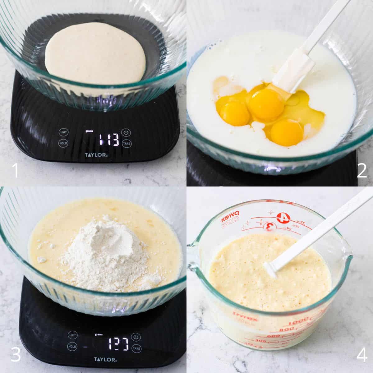 The step by step photo collage shows how to mix together the sourdough discard and remaining ingredients for the batter.