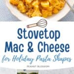 The mac and cheese is served in a bowl and the second photo shows the ingredients needed to make it.