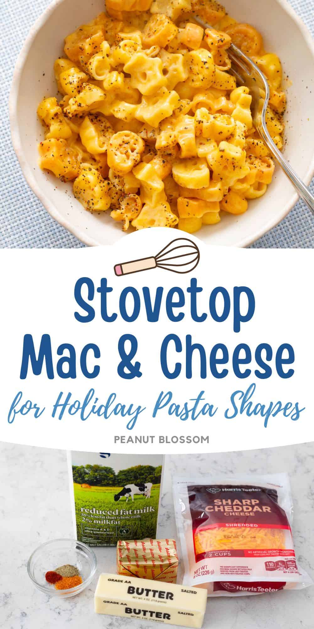 The mac and cheese is served in a bowl and the second photo shows the ingredients needed to make it.