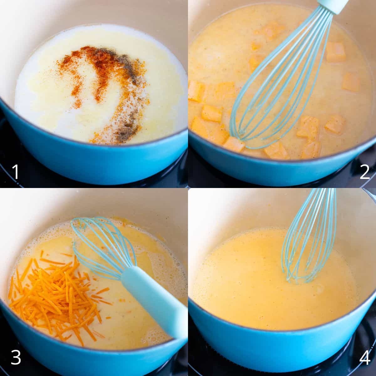 The step by step photo collage shows how to make the cheese sauce in a pot.