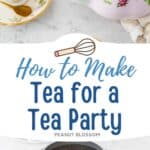 The photo collage shows the tea party scene next to an open tin of loose leaf tea.