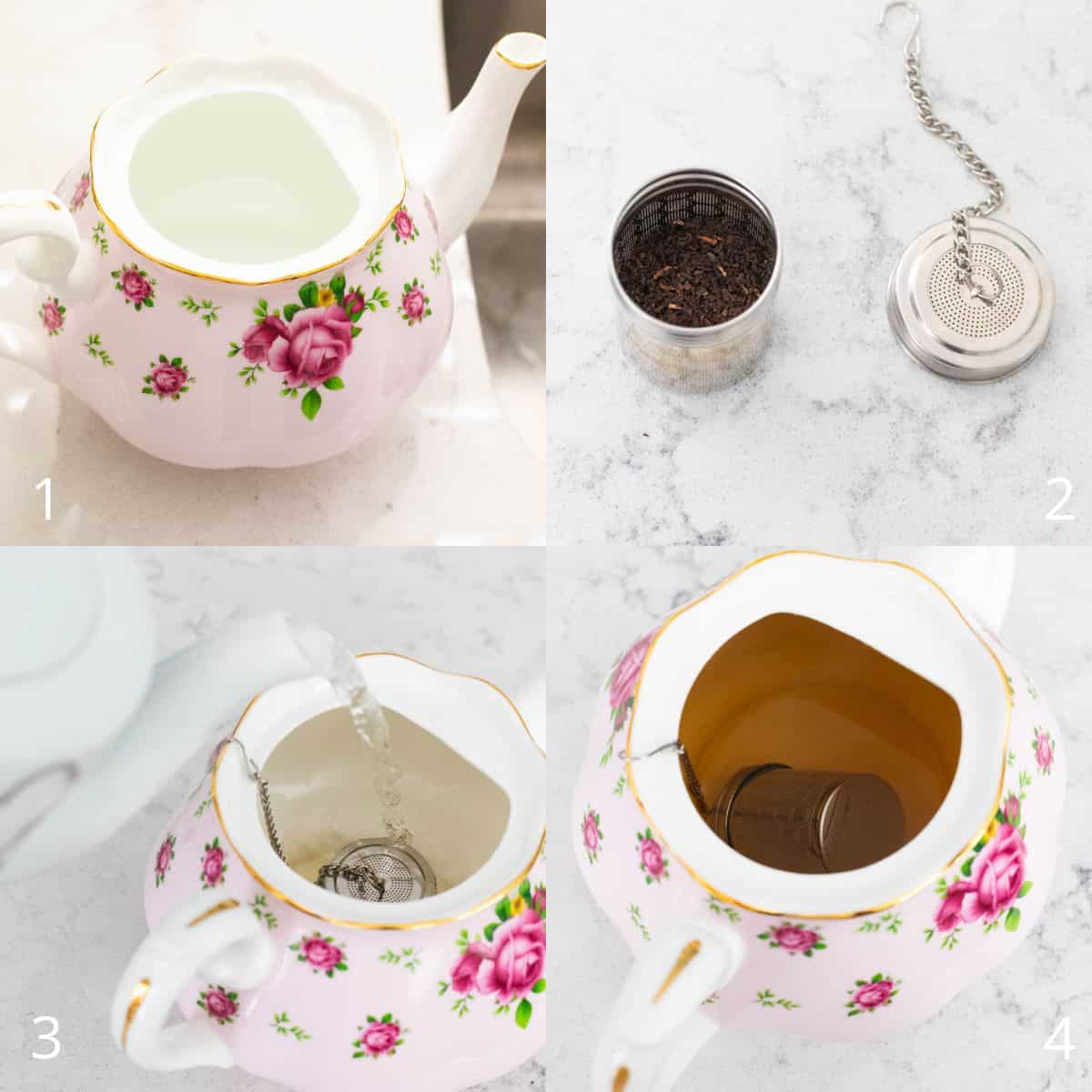 The step by step photo collage shows how to brew tea in a tea pot.