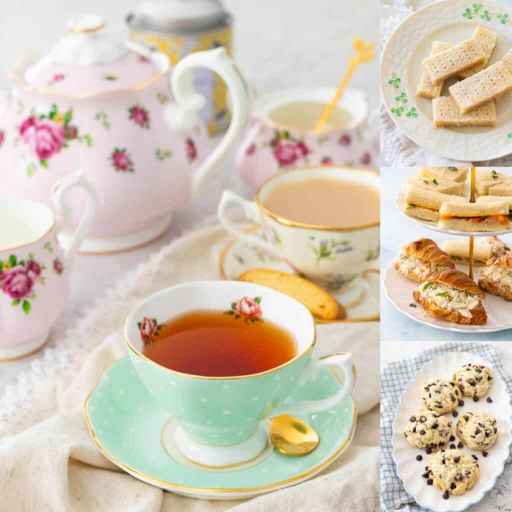 The photo collage shows a tea party scene next to several recipes for serving.