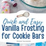 A mixing bowl is filled with vanilla frosting and it rests next to a pan of cookie bars, a jar of sprinkles, and a small bottle of food coloring gel.