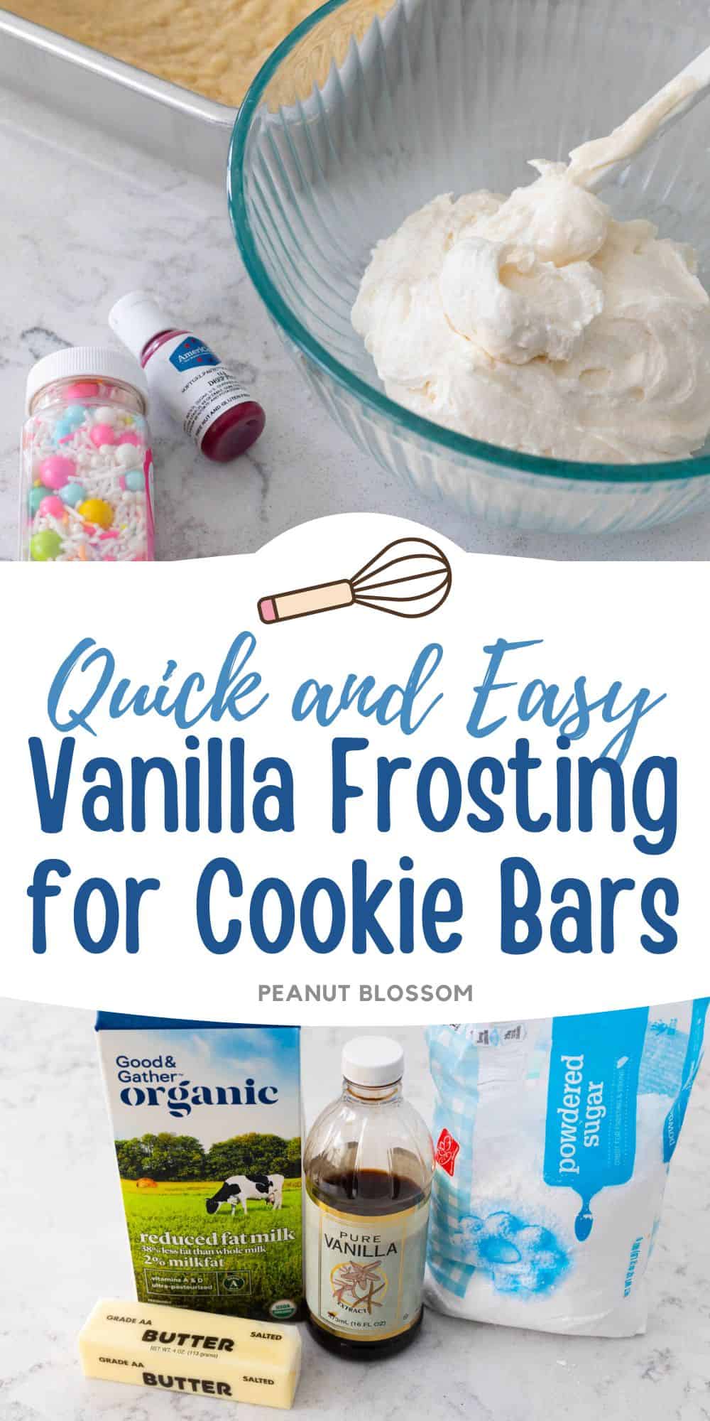 A mixing bowl is filled with vanilla frosting and it rests next to a pan of cookie bars, a jar of sprinkles, and a small bottle of food coloring gel.