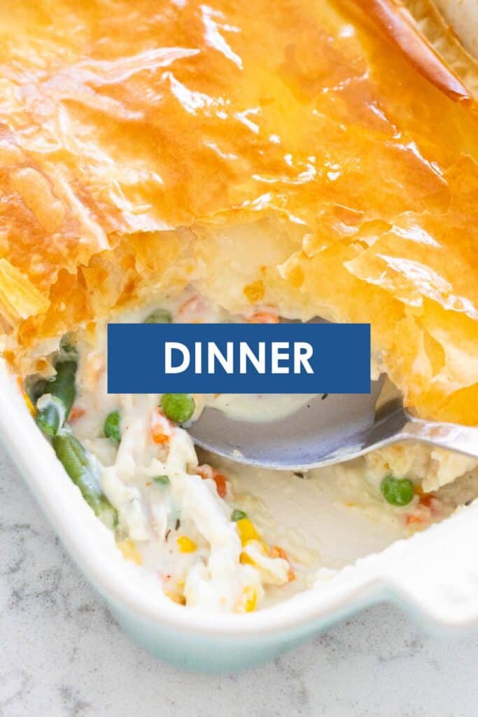 A casserole dish has the caption "Dinner" overlayed on top.