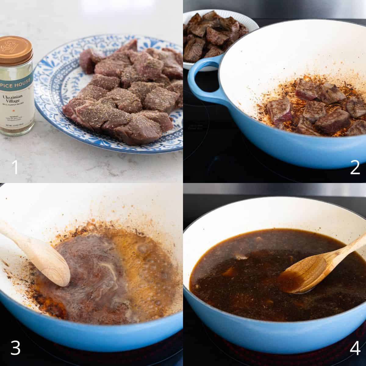 A step by step photo collage showing seasoned beef pieces on a plate, beef searing in a pot, broth added to deglaze the browned bits, and a pot of simmering broth for beef and barley soup.