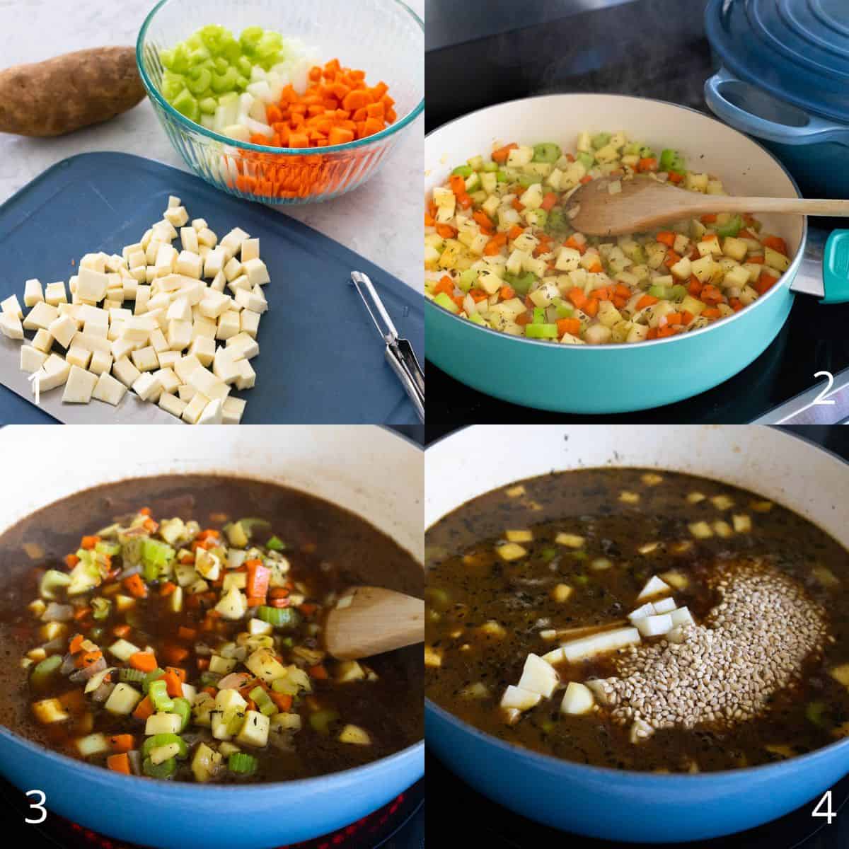 A step by step photo collage showing chopped vegetables and potatoes, sautéed veggies in a pot, vegetables stirred into the broth, and barley added to the simmering beef and vegetable mixture.