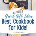 The photo collage shows the kids cookbook next to a photo of a pizza making scene.