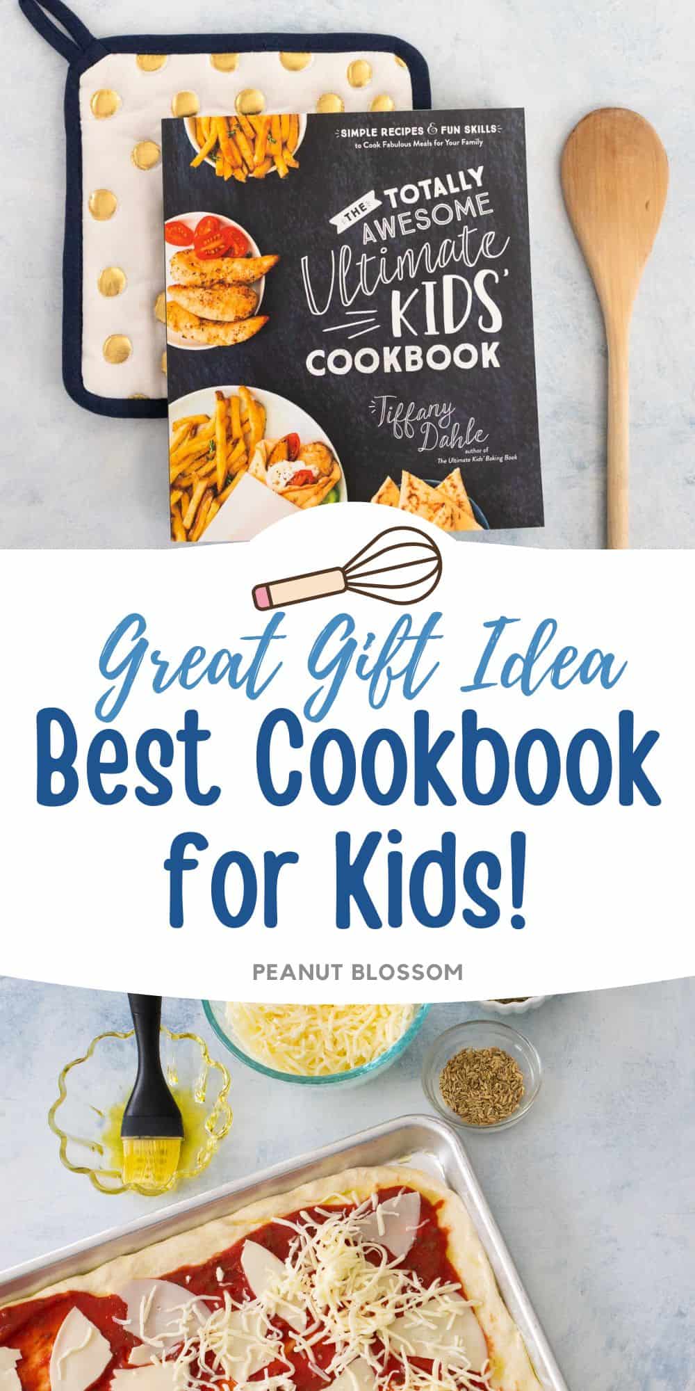 The photo collage shows the kids cookbook next to a photo of a pizza making scene.