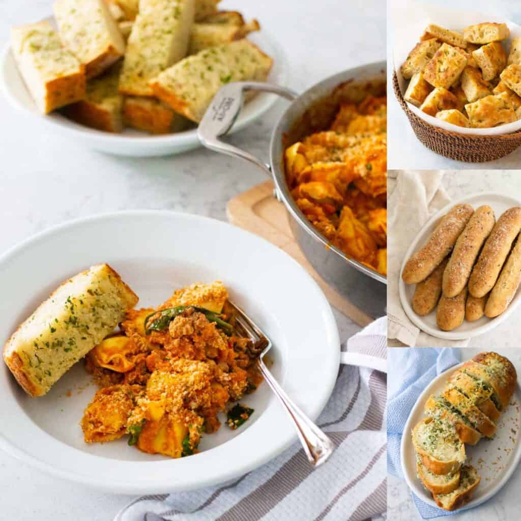 The photo collage shows a picture of a bowl of pasta with a wedge of garlic bread on the side, the other 3 photos show breads to serve with pasta.